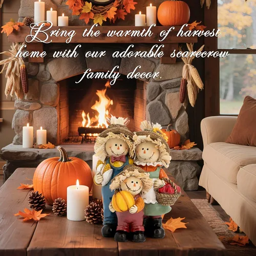 Miniatura 5 de Hodao Decoraciones de Acción de Gracias para mesa, figura familiar de espantapájaros de resina de otoño con cesta de calabaza, maíz y manzana