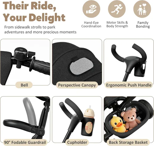 Miniatura 4 de TODEFULL - Triciclo plegable para niños, 8 en 1, triciclo para bebé con toldo extraíble y ajustable, mango para padres, arnés de seguridad de 5