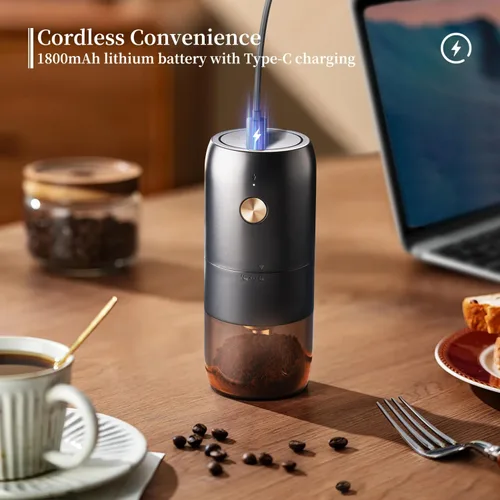 Miniatura 4 de ELMWAY - Molinillo de café eléctrico portátil con rebabas de acero inoxidable y ajuste de grosor interno, compacto para viajes y uso doméstico