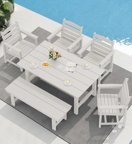 Miniatura 12 de SERWALL Juego de Mesa de Comedor de HDPE para Exteriores, Juego de 7 Piezas de Mesa de Comedor al Aire Libre con Mesa con Corte para Agujero de Gris