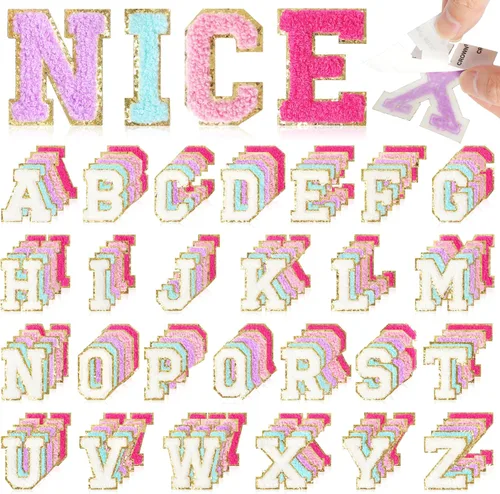 Miniatura 9 de Parches de letras de chenilla autoadhesivas: NICEVINYL 104 piezas de parches de letras preppy blancas para ropa y mochilas - Parche de inicial