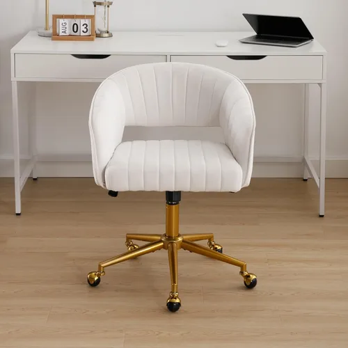 Miniatura 2 de Westice Sillas de escritorio de oficina en casa, moderna silla rodante de terciopelo, silla giratoria de altura ajustable con base dorada, silla