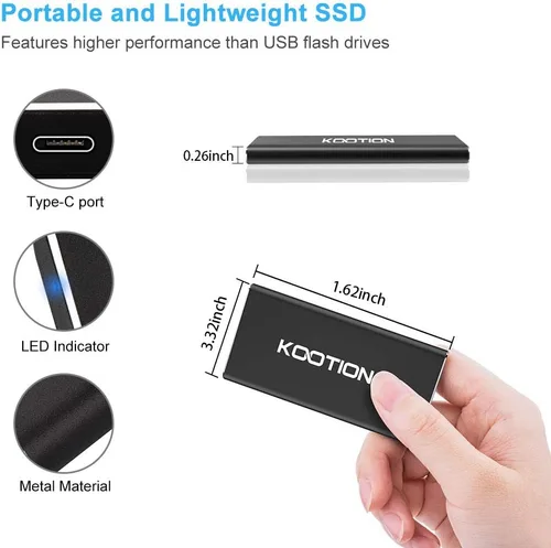 Miniatura 5 de KOOTION Unidad de estado sólido de alta velocidad SSD portátil de 250 GB externa, lee hasta 500 MB/s y escribe hasta 450 MB/s