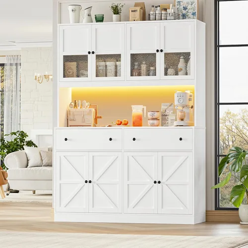 Miniatura 7 de FINETONES Armario de despensa de 71 pulgadas con luz LED y estación de carga, armario de despensa de cocina de granja con soporte para microondas