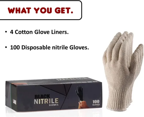 Miniatura 2 de Nechtik - Juego de 4 guantes de algodón lavables y 100 guantes desechables de nitrilo, sin látex ni polvo para la barbacoa