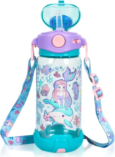 Miniatura 18 de Botella de agua para niños con pajita/cordón para niños de la escuela, niños y niñas, 22 oz / 650 ml, sin BPA, botella de agua para beber