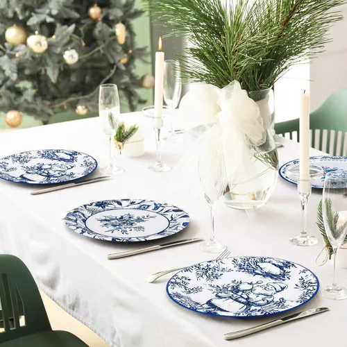 Miniatura 7 de Whaline 40 platos de papel de Navidad, 4 diseños, chinoiserie de porcelana azul y blanca, árbol de Navidad, platos desechables de Papá Noel, vajilla