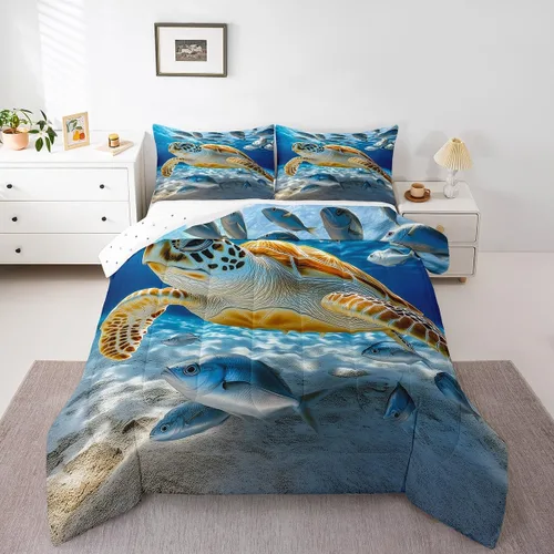 Miniatura 35 de Erosebridal Blue Ocean - Juego de edredón tamaño individual Juego de ropa de cama de ballena delfín y tortuga marina para niños y niñas, juego