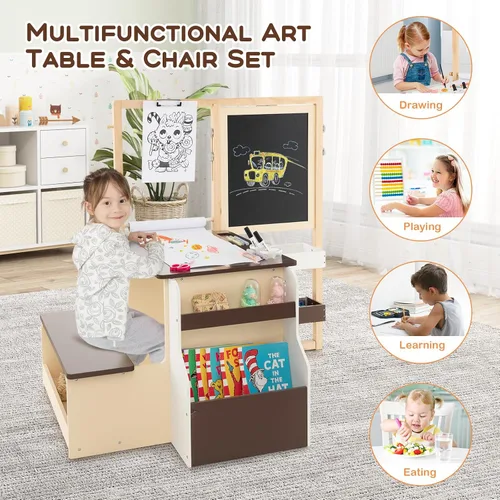 Miniatura 2 de Costzon Caballete para niños, centro de arte de madera con pizarra de doble cara y pizarra blanca, rollo de papel para dibujo, manualidades