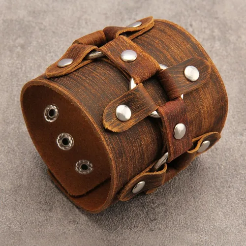 Miniatura 3 de Pulsera de cuero para hombre, brazaletes de cuero punk, pulsera de cuero negro para mujer