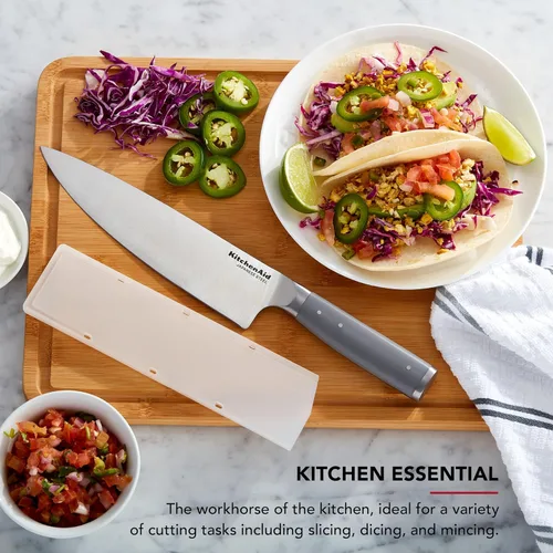 Miniatura 2 de KitchenAid Cuchillo de chef forjado gourmet con cubierta de hoja de ajuste personalizado, cuchillo de cocina afilado, hoja de acero inoxidable Gris