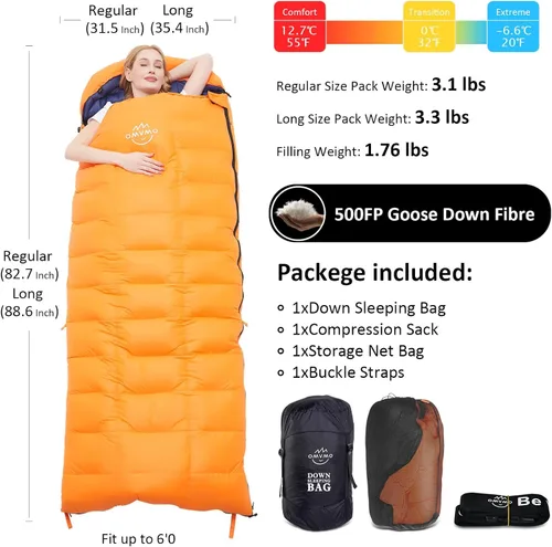 Miniatura 2 de 0 20 Degrees F Down Sleeping Bag for Adults,4 Season Rectangle Down Sleeping Bag for Camping Hiking Naranja/Cremallera Derecha