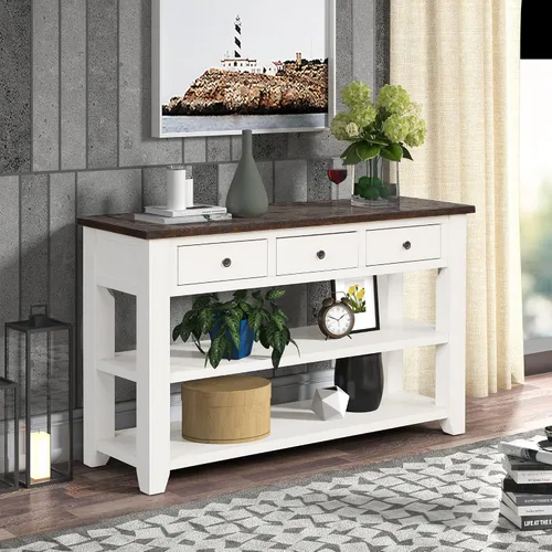 Miniatura 8 de RuiSiSi Mesa consola de 48 pulgadas con 3 cajones y 2 estantes, mesa de sofá de madera de granja para sala de estar, entrada, pasillo, color blanco