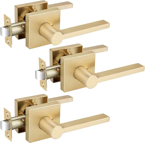 Miniatura 11 de EHOMEWARE Juego de manijas de puerta delantera doradas, palanca de puerta cuadrada resistente de latón y cerrojo de un solo cilindro reversible