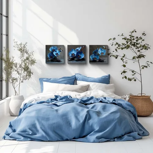 Miniatura 4 de NAN Wind 3 piezas de arte de pared de orquídea azul, piedras de spa zen, impresión en lienzo, gotitas de agua, naturaleza muerta, botánica