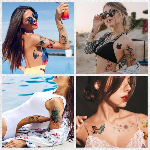 Miniatura 5 de Cerlaza 79 hojas de tatuajes de mariposa 3D temporales realistas para mujeres adultas, tatuajes falsos de acuarela, calcomanías temporales