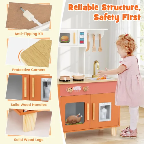 Miniatura 5 de Costzon Cocina de juego para niños, juego de cocina Little Chef con microondas, estufas, pomos de rotación, dispensador de hielo, grifo, fregadero
