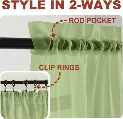 Miniatura 4 de YHSF Cortinas traslúcidas – Juego de 2 paneles para decoración del hogar – Elegantes cortinas de gasa sólida con bolsillo para barra para Verde