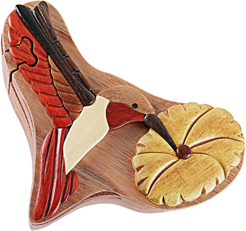 Miniatura 6 de Hummingbird & Flower - Caja de rompecabezas de Intarsia de madera natural, hecha a mano con compartimento secreto