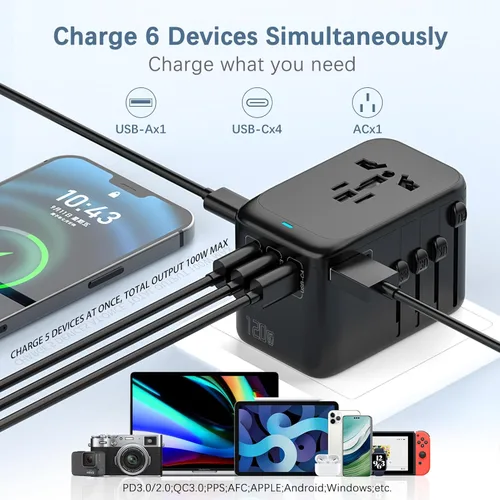 Miniatura 4 de Adaptador de viaje internacional de 120 W, adaptador de corriente mundial 4USB-C y 1USB-A, cargador rápido GaN con enchufes de Reino Unido UE AU EE.