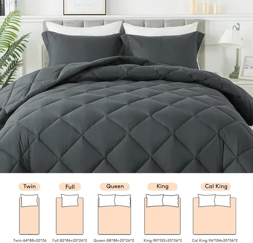 Miniatura 4 de HYLEORY Juego de edredón de tamaño individual con 1 funda de almohada, edredón de cama alternativo al plumón para todas las estaciones, ligero, Gris