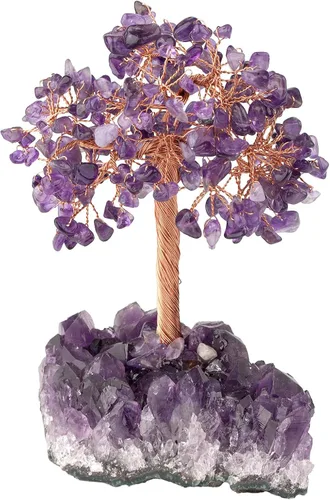 Amogeeli Árbol de dinero de cobre con cristal curativo con base de racimo de amatista cruda, piedra zen bonsái para decoración del hogar