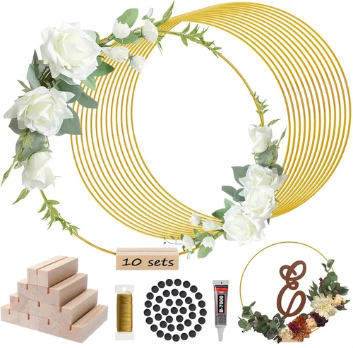 Miniatura 11 de 10 piezas de decoración de mesa de aro floral de metal de 12 pulgadas, anillo de corona de metal con 10 soportes para tarjetas de lugar, anillos