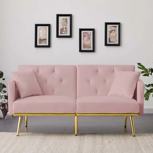 Miniatura 8 de Sofá cama futón convertible de 59 pulgadas, sofá decorativo, moderno sofá de tela de terciopelo con patas de metal y bolsillos de almacenamiento