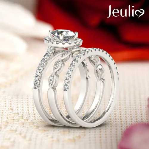 Miniatura 3 de Jeulia Juego de anillos de halo de corte pera, anillo de compromiso con forma de corazón CZ para mujer, plata de ley, diamante blanco, anillos