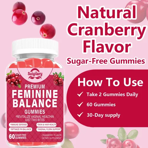 Miniatura 6 de Suiyilary Gomitas de probióticos femeninos, salud vaginal y equilibrio del pH de las mujeres, suplemento gomoso con polvo de arándano y piña, vegano