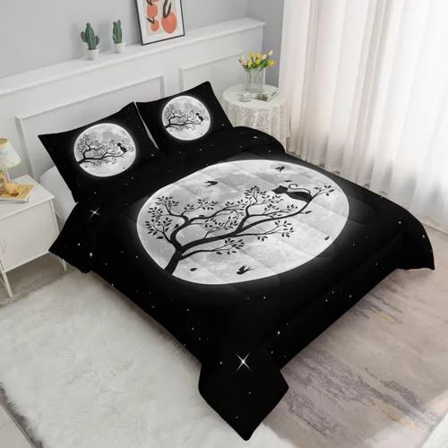 Miniatura 2 de Juego de edredón negro con diseño de gato y luna para niñas y mujeres, ropa de cama con estampado de cielo nocturno con 2 fundas de almohada Cat Moon