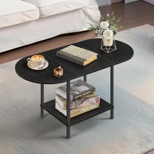 Miniatura 11 de Mesa de centro blanca para sala de estar, mesa central ovalada de mediados de siglo con estante de almacenamiento y superficie de madera, mesa de té
