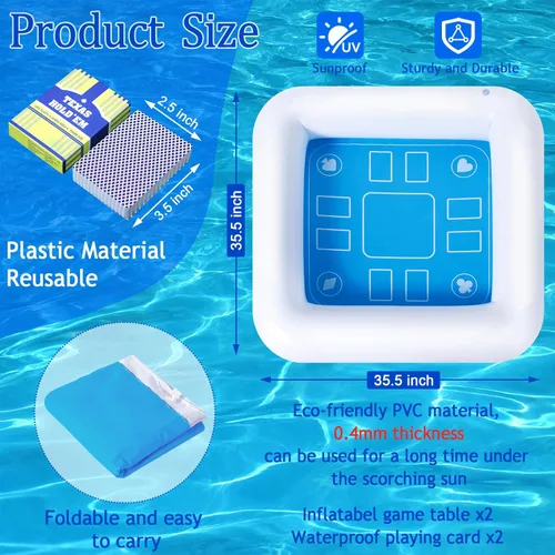 Miniatura 2 de Mesa de juego inflable para piscina con cartas impermeables (35.5 x 35.5 pulgadas, azul/blanco)