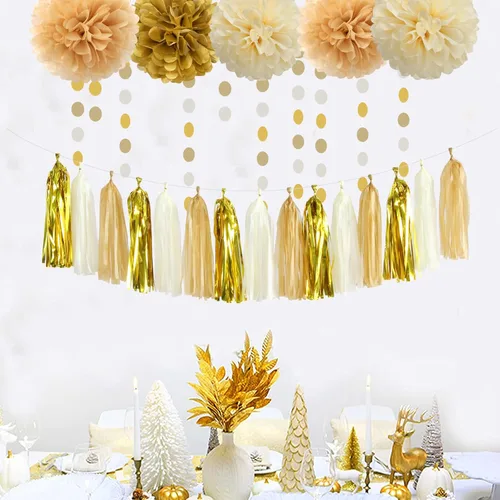 Miniatura 4 de Decoraciones de Fiesta de Champán de Oro Blanco - 23 piezas Pompones de Papel de Seda Serpentinas, Guirnalda de Borlas de Boda de Compromiso