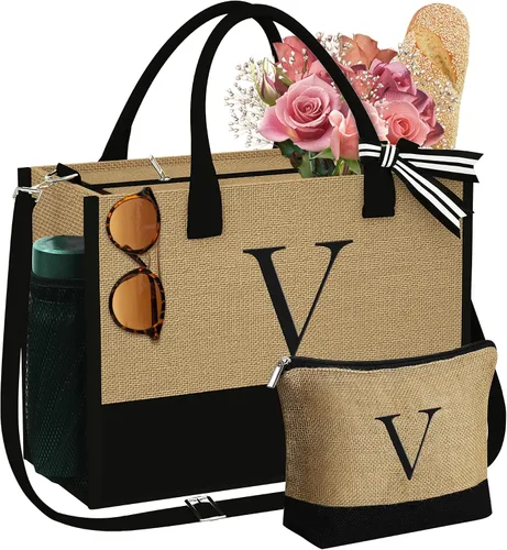 Miniatura 22 de YOOLIFE Regalos personalizados para mujeres, bolsa de yute con inicial y bolsa de maquillaje, regalos de cumpleaños para mujeres, mamá, esposa