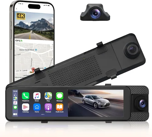 Miniatura 10 de Cámara de espejo retrovisor 4K, cámara de tablero de espejo de 10 pulgadas delantera y trasera con tarjeta de 64 GB, cámara de tablero de pantalla
