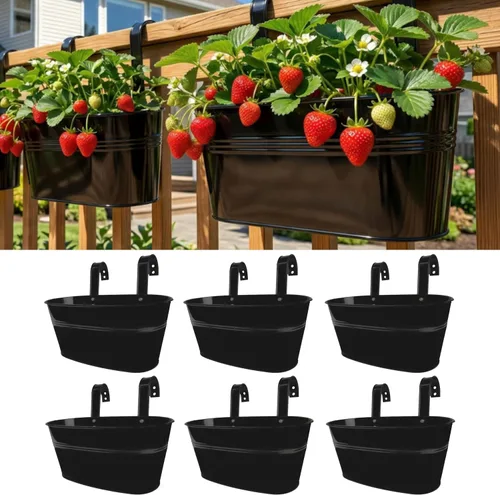 Miniatura 11 de LaLaGreen Jardinera de Barandilla para Exteriores (11.8 Pulgadas, Paquete de 4) Macetas Colgantes de Hierro Negro para Barandillas de Terraza Cubos