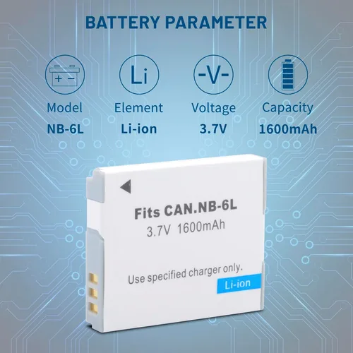 Miniatura 2 de Paquete de 2 baterías NB-6L NB-6LH de 1600mAh con cargador dual para Canon Powershot SX500 es, SX510 HS, SX520 HS, SX530 HS, SX540 HS, SX170 es