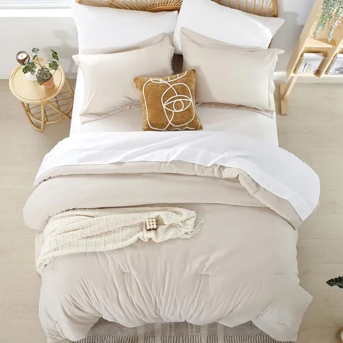 Miniatura 3 de weigelia Juego de edredón individual de 5 piezas beige en una bolsa, suave juego de ropa de cama Queen ligero para mujeres y hombres