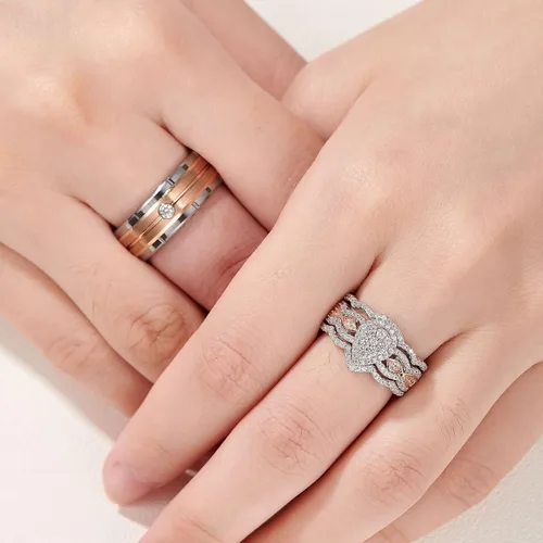 Miniatura 5 de Newshe Jewellery Juego de anillos de boda para él y ella, AAAAA, circonita cúbica, bandas de tungsteno para hombre y mujer, plata de ley 925, oro