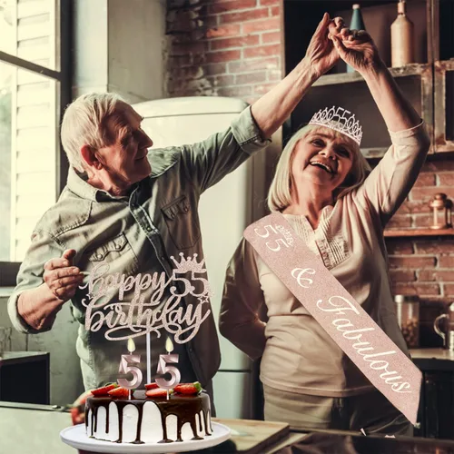 Miniatura 2 de Decoraciones de cumpleaños de 55 años para mujer, que incluyen banda, tiara, velas numéricas y adorno para pastel; regalos de cumpleaños de 55 años