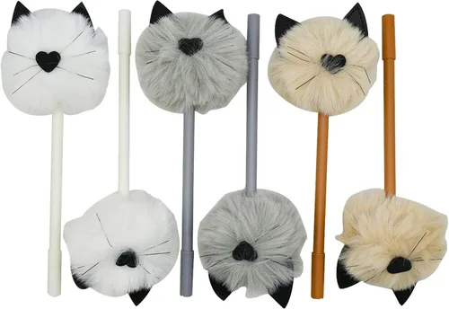 Miniatura 7 de Maydahui 6 bolígrafos de gel de peluche con forma de gato con pompón de piel esponjosa, con 12 recambios de bolígrafo, tinta negra para oficina