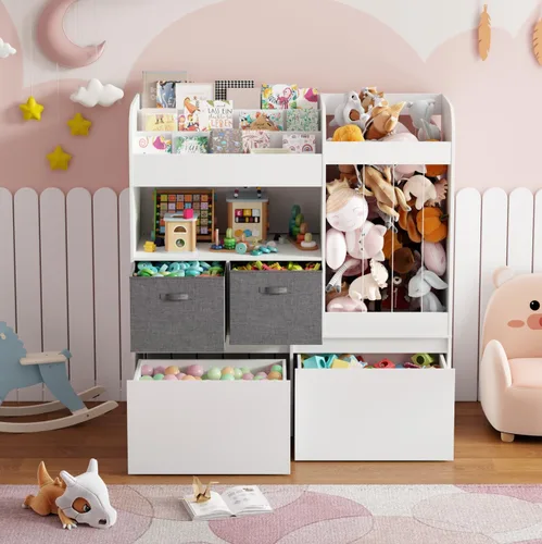 Miniatura 5 de Almacenamiento de juguetes de 42.9 pulgadas, soporte grande para animales de peluche con baúl de juguetes y tapete de juego, organizador de juguetes