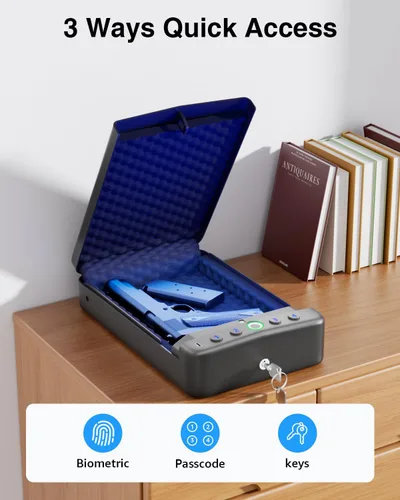 Miniatura 3 de Caja fuerte para pistola de mano pequeña biométrica, caja de seguridad portátil para pistola con acceso rápido por huellas dactilares, caja