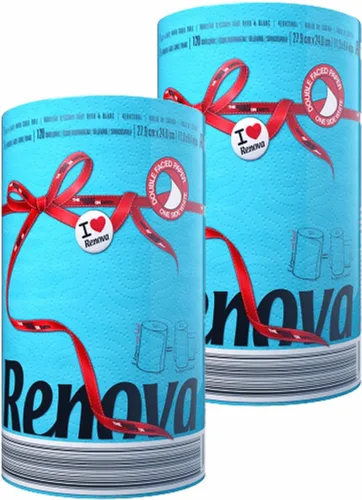 Renova - Juego de rollos de toallas de papel, 2 rollos, 2 capas, 120 hojas altamente absorbentes, eleva tu imagen con estilo profesional y Azul