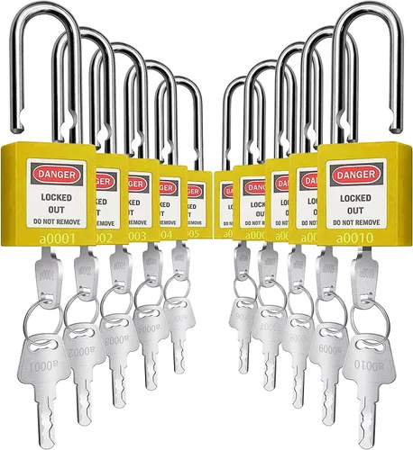Miniatura 14 de SAFBY Loto - Candados seguros con 10 llaves para estaciones y dispositivos de bloqueo (amarillo, clave diferente)