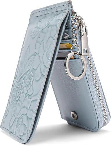 Miniatura 9 de GAEKEAO Cartera pequeña porta tarjetas de crédito para mujeres RFID de cuero delgada tipo pulsera con llavero y bolsillo con cremallera, Negro