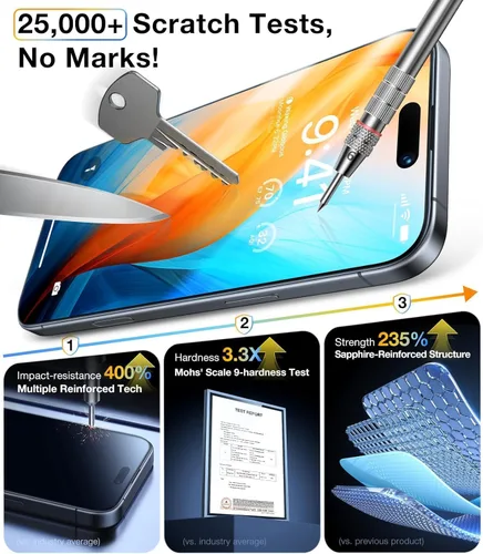 Miniatura 3 de Paquete de 2 protectores de pantalla para iPhone 15 Pro + 2 protectores de lente de cámara 9H + vidrio templado de grado militar, inastillable