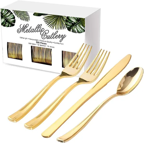 Nervure Juego de cubiertos de plástico dorado de 300 piezas, cubiertos de plástico dorado pesado, utensilios desechables que incluyen 150 tenedores,