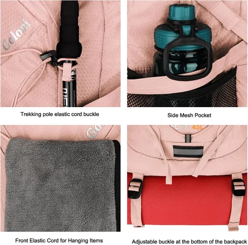 Miniatura 7 de Goloni Mochila de senderismo de 45 L, ligera, plegable, impermeable, con cubierta para lluvia y sistema de transporte de tapete de senderismo, Rosa